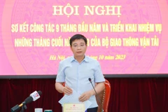 Bộ trưởng Bộ Giao thông Vận tải Nguyễn Văn Thắng chỉ đạo tại Hội nghị triển khai nhiệm vụ trọng tâm những tháng cuối năm 2023 của Bộ Giao thông Vận tải vào sáng ngày 11/10. (Ảnh: Việt Hùng/Vietnam+)