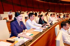 Các đại biểu Quốc hội ấn nút biểu quyết thông qua Luật sửa đổi, bổ sung một số điều của Luật Xuất cảnh, nhập cảnh. (Ảnh: Doãn Tấn/TTXVN)