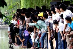 Đông đảo người dân chờ xem rùa nổi ở hồ Hoàn Kiếm. (Nguồn: Internet).