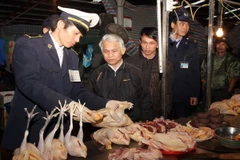 Kiểm tra vệ sinh an toàn thực phẩm. (Ảnh: Đình Huệ/TTXVN)