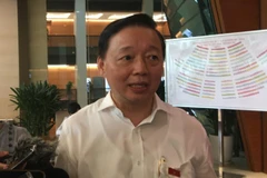 Bộ trường Bộ Tài nguyên và Môi trường Trần Hồng Hà trao đổi với báo chí, ngày 12/6. (Ảnh: PV/Vietnam+)