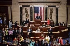 Hạ nghị sỹ Dân chủ John Lewis (giữa, hàng đầu) cùng các hạ nghị sỹ biểu tình tại phiên họp Hạ viện ở Capitol, thủ đô Washington, Mỹ ngày 22/6 vừa qua. (Ảnh: AFP/TTXVN)