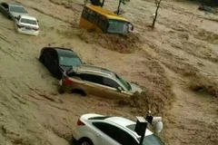 Nước lũ cuốn trôi xe ôtô sau khi bão Nepartak đổ bộ vào thành phố Phúc Châu, gây mưa lớn và ngập lụt ngày 9/7. (Ảnh: AFP/TTXVN)