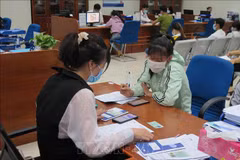 Chuyên viên Trung tâm Giải quyết thủ tục hành chính tỉnh Cà Mau hướng dẫn người dân cách thức giao dịch và kiểm tra ngay trên điện thoại di động. (Ảnh: Minh Hưng/TTXVN)