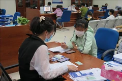 Chuyên viên Trung tâm Giải quyết thủ tục hành chính tỉnh Cà Mau hướng dẫn người dân cách thức giao dịch và kiểm tra ngay trên điện thoại di động. (Ảnh: Minh Hưng/TTXVN)