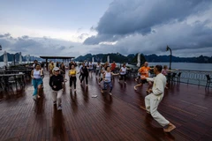 Du khách nghỉ dưỡng trên du thuyền tại vịnh Hạ Long kết hợp tập Taichi. (Ảnh: CTV/Vietnam+)