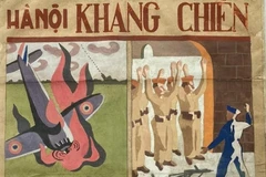 Tranh ''Hà Nội kháng chiến'' vẽ bằng bột màu trên giấy do họa sỹ Văn Giáo vẽ năm 1947, mỗi tranh nhỏ có một nội dung được chú thích riêng. (Tranh: Bảo tàng Mỹ thuật Việt Nam)