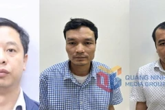 Từ trái qua phải là các bị can: Tặng, Tiến, Huy. 