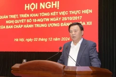 Ông Nguyễn Xuân Thắng quán triệt tổng kết và thực hiện Nghị quyết số 18-NQ/TW của Ban Chấp hành Trung ương Đảng khóa XII của hệ thống Học viện. (Ảnh: TTXVN phát)