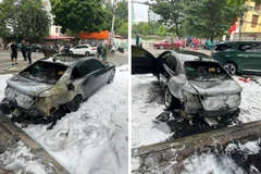 Hình ảnh vụ cháy xe ôtô tại phường Quảng An trưa 27/10. (Nguồn: Công an thành phố Hà Nội)