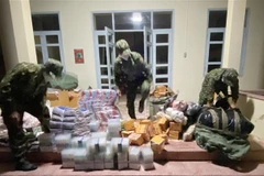 Cán bộ, chiến sỹ Đồn biên phòng cửa khẩu quốc tế Tịnh Biên kiểm đếm số tang vật vừa thu giữ. (Ảnh: Công Mạo/TTXVN)