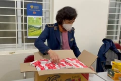 Lực lượng Quản lý thị trường Hà Nội kiểm tra lô hàng kit test COVID thu giữ. (Ảnh: PV/Vietnam+)
