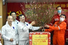 Lãnh đạo PetroVietnam tặng cành đào để cán bộ công nhân viên trên giàn vui Tết, đón Xuân, mang xuân đến sớm với giàn Công nghệ trung tâm 3. (Ảnh: PV/Vietnam+)