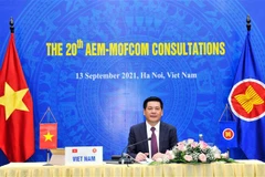 Bộ trưởng Bộ Công Thương Nguyễn Hồng Diên chủ trì điểm cầu Hà Nội tại Hội nghị tham vấn cấp Bộ trưởng Kinh tế ASEAN-Trung Quốc lần thứ 20. (Ảnh: Trần Việt /TTXVN)