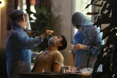 Nhân viên y tế lấy mẫu cho người dân tổ 5, ngõ Kim Quan, phường Việt Hưng tối 19/9. (Ảnh: Minh Quyết/TTXVN)