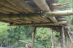 Cầu làm tạm bợ từ tre nứa, rất nguy hiểm cho người dân qua lại. (Ảnh: Nguyễn Việt Dũng/TTXVN)