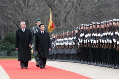 Tổng thống Cộng hòa Liên bang Đức Joachim Gauck và Chủ tịch nước Trương Tấn Sang duyệt Đội danh dự. (Ảnh: Nguyễn Khang/TTXVN)