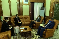 Đại sứ Nguyễn Thành Vinh trao đổi và làm việc với ông Abdelmadji Chikhi. (Ảnh: Tấn Đạt/TTXVN)