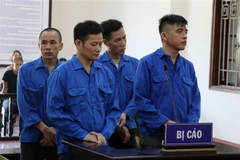 Các bị cáo Đào Xuân Hùng, Hoàng Ánh Dương, Hoàng Huy Bình và Hoàng Xuân Hòa tại phiên tòa nghe Hội đồng xét xử tuyên án. (Ảnh: Vũ Hà/TTXVN)
