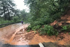 Mưa lớn gây sạt lở đèo Prenn - cửa ngõ vào thành phố Đà Lạt. (Ảnh Đặng Tuấn/TTXVN)