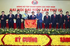 Bí thư Đảng ủy Khối Doanh nghiệp Trung ương tặng cờ của Đảng ủy Khối Doanh nghiệp Trung ương cho Đảng bộ EVN vì hoàn thành xuất sắc nhiệm vụ giai đoạn 2016-2020. (Nguồn: EVN)