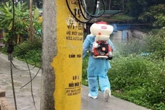 Trung tâm Y tế Móng Cái phun thuốc tiêu độc khử trùng trên phạm vi toàn thành phố. (Ảnh: TTXVN)
