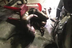 Nạn nhân V.V.Đ bị bỏng nặng do cháy xăng. (Ảnh: TTXVN)