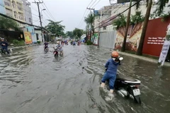 Người dân di chuyển khó khăn vì nước ngập. (Ảnh: Hồng Giang/TTXVN)