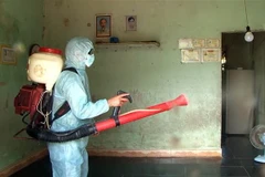 Cán bộ y tế địa phương phun thuốc tiêu độc khử trùng phòng chống bệnh bạch hầu. (Ảnh: Hồ Cầu/TTXVN)