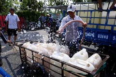 Người dân trên địa bàn xã Thanh Hòa, thị xã Cai Lậy (Tiền Giang) lấy nước ngọt miễn phí tại điểm cung cấp nước ngọt cầu Ông Thiệm. (Ảnh: TTXVN)