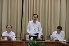 Ông Lê Thanh Liêm, Phó Chủ tịch Thường trực UBND Thành phố Hồ Chí Minh, phát biểu tại buổi làm việc. (Ảnh: Hứa Chung/TTXVN)