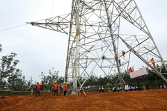 Công nhân Công ty cổ phần Sông Đà 11 thi công lắp đặt thiết bị cột vị trí 158 trên địa bàn huyện Lệ Thủy, tỉnh Quảng Bình. (Ảnh: Ngọc Hà/TTXVN)