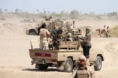 Lực lượng Chính phủ Yemen sau khi giành quyền kiểm soát phía Đông Nam thị trấn Mokha từ phiến quân Houthi. (Nguồn: AFP/TTXVN)