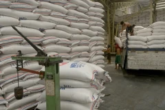 Nhân viên chuyển gạo tại nhà kho của Cơ quan lương thực quốc gia ở ngoại ô thủ đô Manila, Philippines. (Nguồn: AFP/TTXVN)