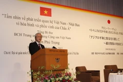Tổng Bí thư Nguyễn Phú Trọng nói chuyện với chủ đề “Tầm nhìn về phát triển quan hệ Việt Nam - Nhật Bản vì hòa bình và phồn vinh của châu Á”. (Ảnh: Trí Dũng/TTXVN)