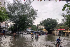 Chợ Triều Khúc (Thanh Xuân) đã thành một biển hồ lớn. (Ảnh: PV/Vietnam+)