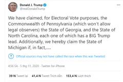Ông Donald Trump cáo buộc công tác kiểm phiếu có khuất tất trên Twitter. (Ảnh: Twitter)