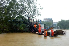 Lực lượng chức năng giải cứu người dân bị mắc kẹt. (Ảnh: TTXVN)