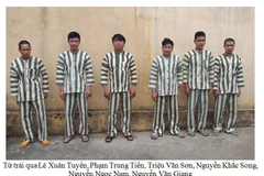 6 đối tượng khai thác rừng trái phép bị tạm giữ tại Công an huyện Kbang (Gia Lai). (Ảnh: TTXVN)