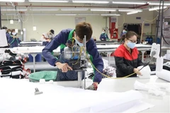 Sản xuất hàng may xuất khẩu tại Công ty Cổ phần đầu tư thương mại TNG Thái Nguyên. (Ảnh: Hoàng Nguyên/TTXVN)