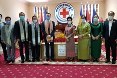 Đại diện Hội chữ thập đỏ Việt Nam Đại sứ Vũ Quang Minh ký bàn giao và trao quà tặng thiết bị y tế cho Hội chữ thập đỏ Campuchia. (Ảnh: PV/TTXVN)