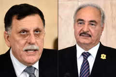 Thủ tướng Chính phủ Đoàn kết dân tộc (GNA) của Libya Fayez al-Sarraj (phải) và Tướng Khalifa Hafta lãnh đạo lực lượng tự xưng Quân đội Quốc gia Libya (LNA). (Ảnh: AFP/TTXVN)