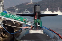 Tàu ngầm Mỹ USS Olympia SSN-717 tại căn cứ hải quân Hàn Quốc tại Changwon. (Nguồn: AFP/TTXVN)
