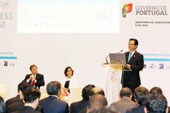 Thủ tướng Chính phủ Nguyễn Tấn Dũng, Thủ tướng Cộng hòa Bồ Đào Nha Pedro Passos Coelho và Bộ trưởng Bộ Nông nghiêp Bồ Đào Nha dự Diễn đàn Kinh tế biển 2015. (Ảnh: Đức Tám/TTXVN)