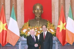 Chủ tịch nước Trần Đại Quang và Tổng thống Michael D. Higgins tại lễ đón. (Ảnh: Nhan Sáng/TTXVN)