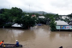 Hàng trăm nhà dân, trường học ở xã An Định (huyện Tuy An, Phú Yên) bị ngập trong nước. (Ảnh: Thế Lập/TTXVN)