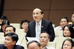 Đại biểu Quốc hội tỉnh Nghệ An Nguyễn Hữu Cầu chất vấn các thành viên Chính phủ. (Ảnh: Phạm Kiên/TTXVN)