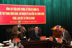 Ủy viên Bộ Chính trị, Bí thư Trung ương Đảng, Chủ nhiệm Ủy ban Kiểm tra Trung ương Trần Quốc Vượng phát biểu tại buổi làm việc với Ban Thường vụ Tỉnh ủy Hà Giang. (Ảnh: Minh Tâm/TTXVN)