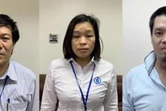 Ông Nguyễn Nhật Cảm (bên trái)-Giám đốc CDC Hà Nội; Nguyễn Vũ Hà Thanh (giữa)-Trưởng Phòng Tài chính kế toán CDC và Nguyễn Trần Duy-Tổng Giám đốc Công ty cổ phần định giá và bán đấu giá tài sản Nhân Thành đã bị khởi tố và bắt tạm giam. (Ảnh: Bộ Công an) 