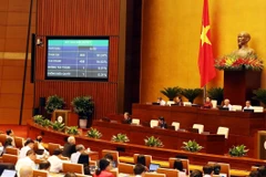 Các đại biểu Quốc hội thông qua Nghị quyết phê chuẩn gia nhập Công ước số 105 về xóa bỏ lao động cưỡng bức với tỷ lệ 95,24% số đại biểu tán thành. (Ảnh: Trọng Đức/TTXVN)